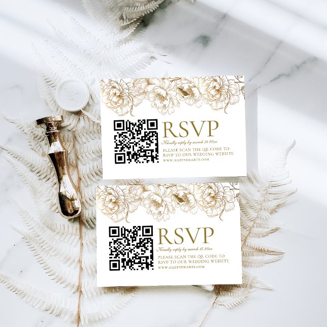 Floral Peonies White Golden QR Code Wedding RSVP Card (Creator Uploaded)