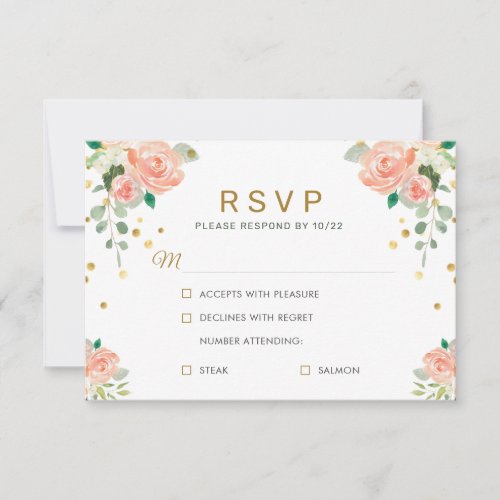 Floral Peony and Gold Confetti Classy Elegant Chic RSVP Card