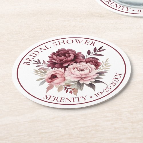 Floral Peony Burgundy Pink Peonies Bridal Shower Round Paper Coaster