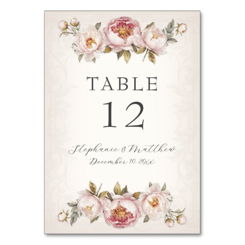 Floral Peony Elegant Blush Pink Ivory Wedding Table Number