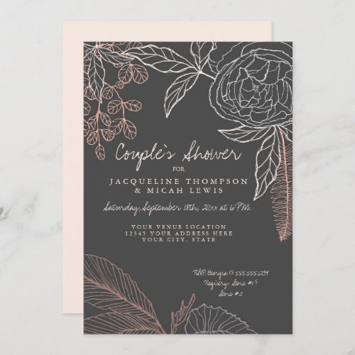 Floral Peony Leaf Line Art Charcoal Couples Shower Invitation