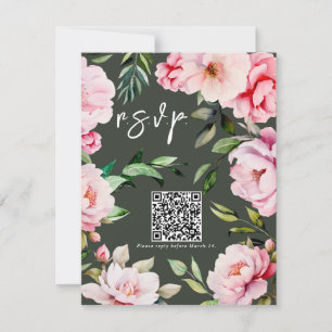 Floral Peony Magnolia Green Wedding QR RSVP Card