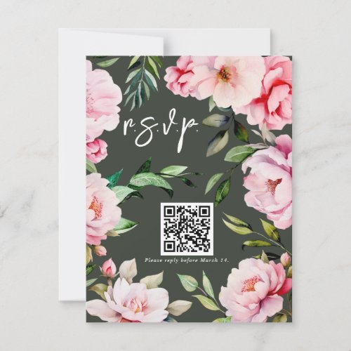 Floral Peony Magnolia Green Wedding QR RSVP Card