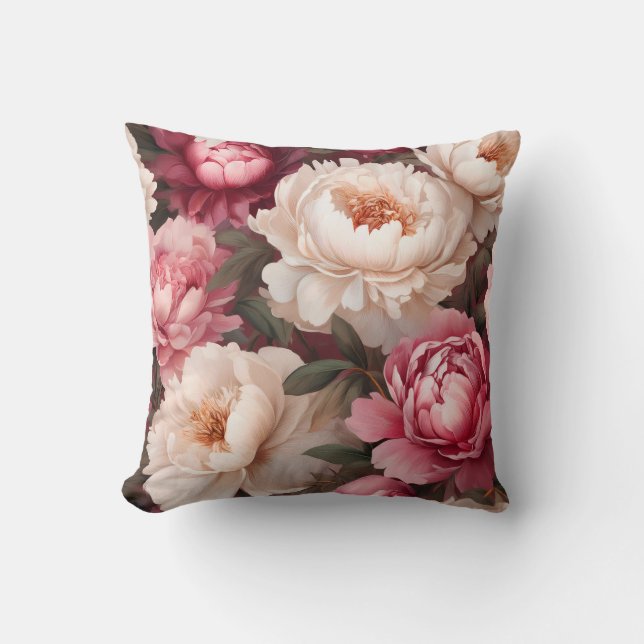 Floral Peony Pink and White Throw Pillow (Front)