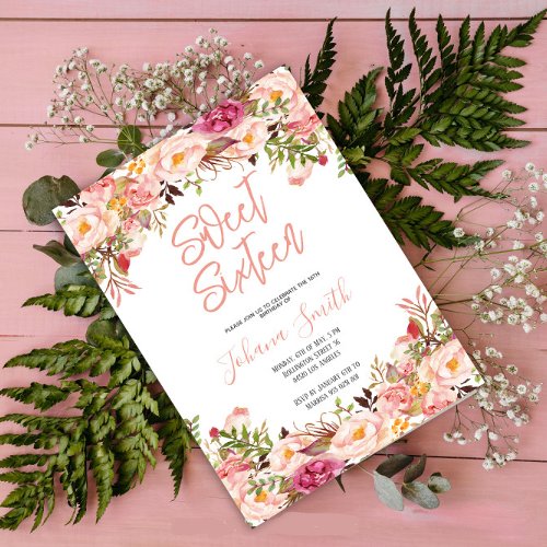 Floral Peony Pink Blush Sixteen Birthday Invitation