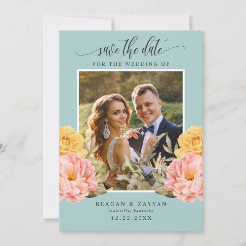 Floral Peony Rose Dusty Blue Photo Save The Date