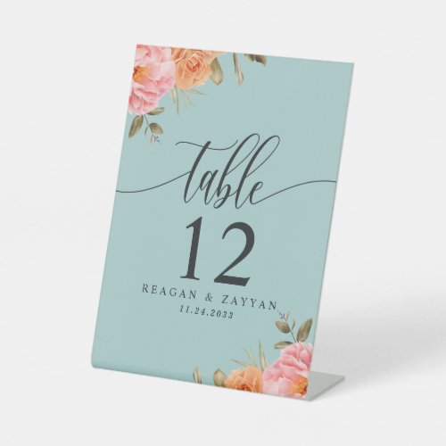 Floral Peony Rose Dusty Blue Wedding Table Number Pedestal Sign