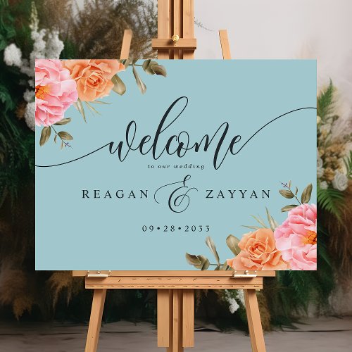 Floral Peony Rose Dusty Blue Wedding Welcome Foam Board