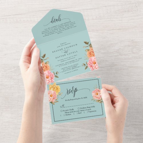 Floral Peony Rose Spring Wedding All In One Invitation