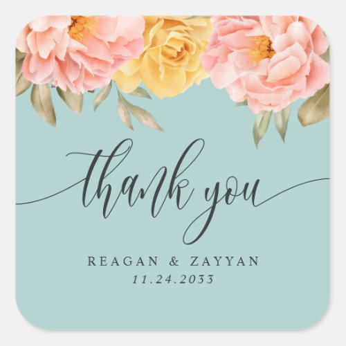 Floral Peony Rose Spring Wedding Thank You Square Sticker
