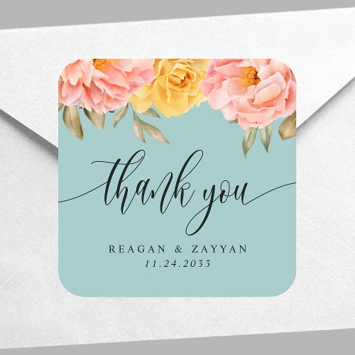 Floral Peony Rose Spring Wedding Thank You Square Sticker