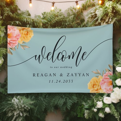 Floral Peony Rose Spring Wedding Welcome Banner