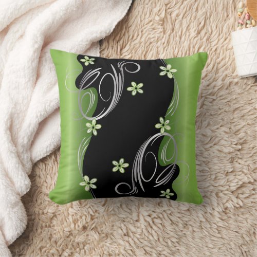 Floral Peridot and Black Swirl Design Throw Pillow
