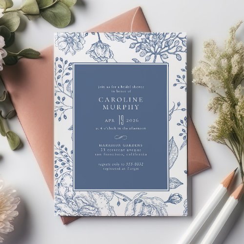 Floral Periwinkle Blue Elegant Bridal Shower Invitation