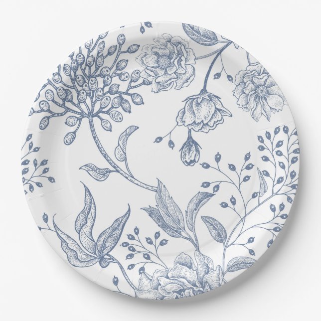 Floral Periwinkle Blue Elegant Wedding Shower Paper Plates (Front)