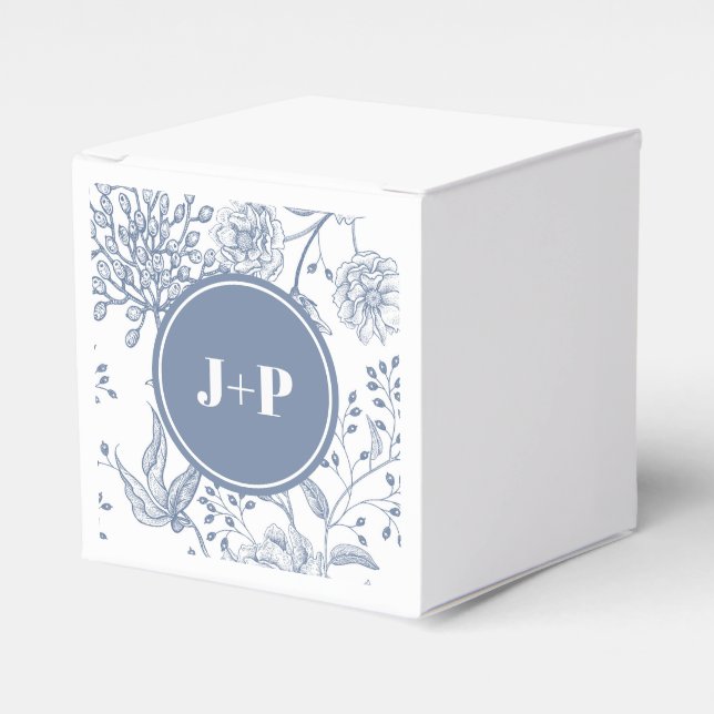 Floral Periwinkle Blue Monogram Wedding Favor Boxes (Front Side)