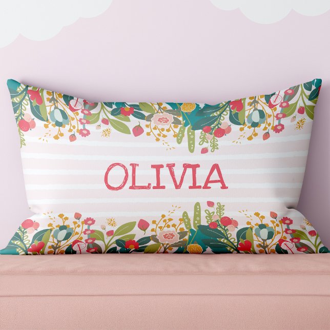 Floral Personalised Pillow (Adorable cuddly pillow featuring soothing flowers on a pink and white striped background. )