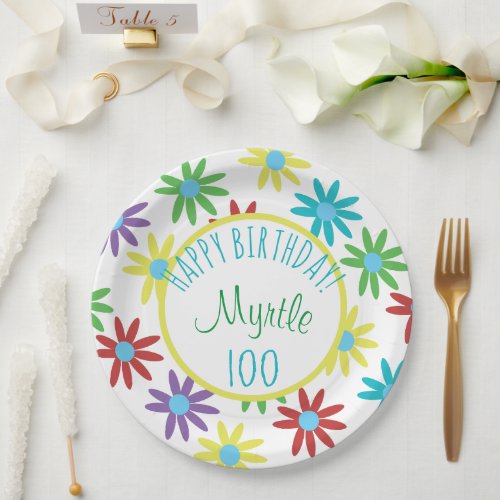 Floral Personalized 100th Birthday Paper Plate