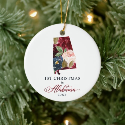 Floral Personalized 1st Christmas In Alabama State Ceramic Ornament