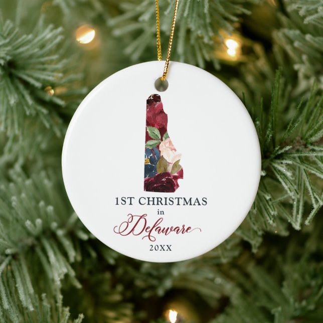 Floral Personalized 1st Christmas In Delaware DE Ceramic Ornament (Tree)