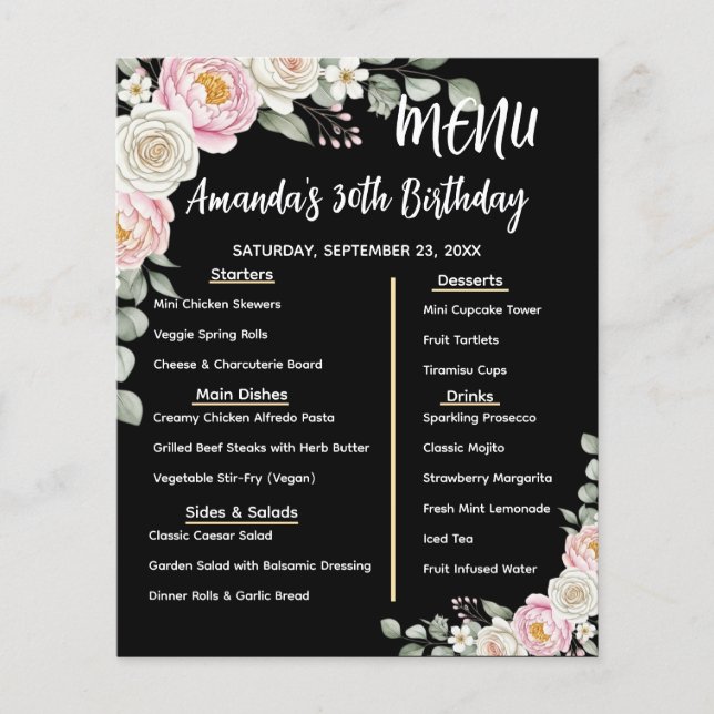 Floral Personalized Birthday Menu Program Card Flyer (Front)
