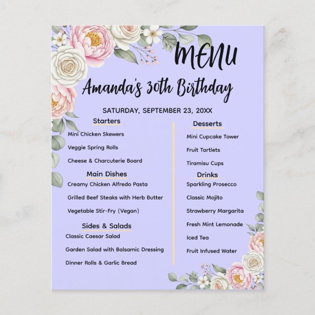 Floral Personalized Birthday Menu Program Card Flyer (Front)