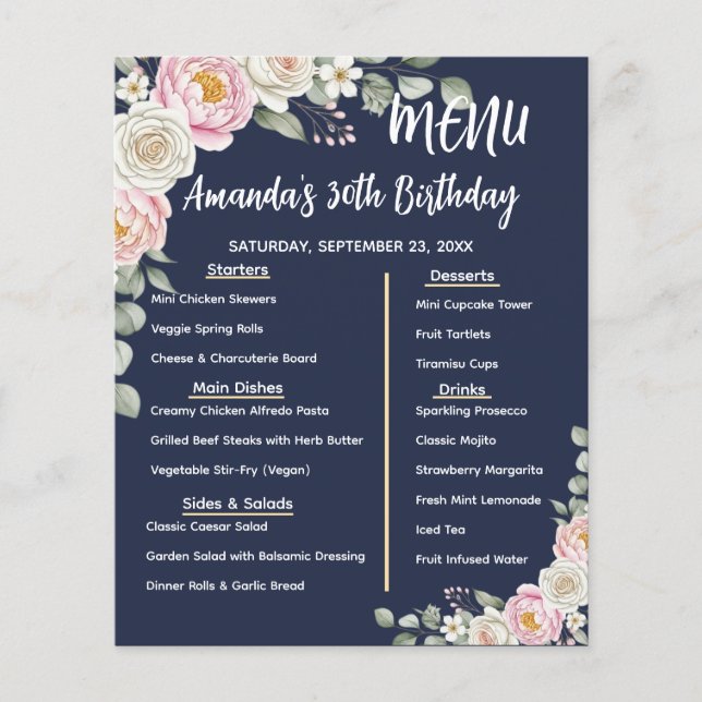 Floral Personalized Birthday Menu Program Card Flyer (Front)