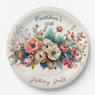 Floral Personalized Birthday Party Plate
