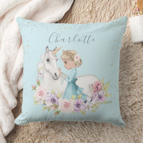 Floral Personalized Blonde Princess with Unicorn Throw Pillow