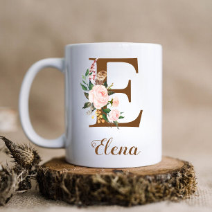Floral Personalized Bridesmaid Letter E Gift Coffee Mug