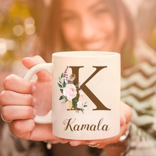 Floral Personalized Bridesmaid Letter K Gift Coffee Mug