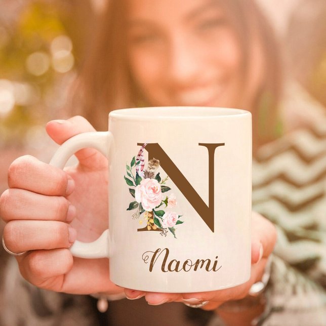 Floral Personalized Bridesmaid Letter N Gift Coffee Mug (Creator Uploaded)