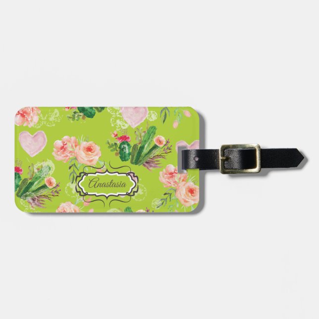 Floral Personalized Cactus Luggage Tag (Front Horizontal)
