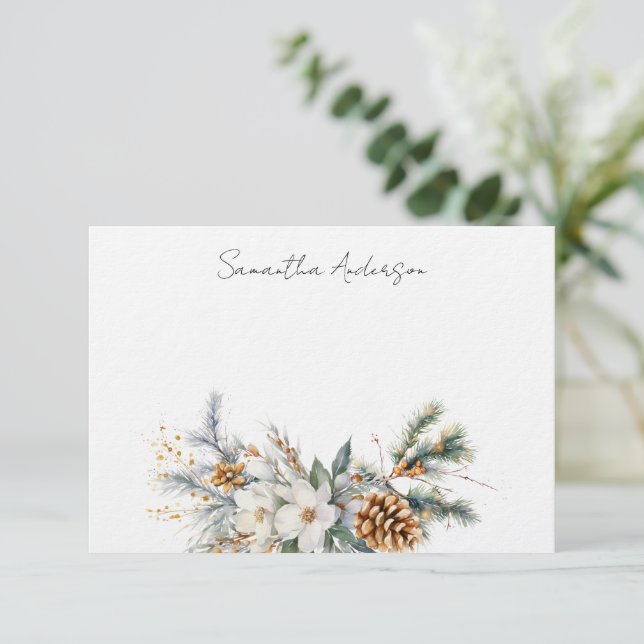 Floral Personalized Christmas Flat Note Card (Standing Front)