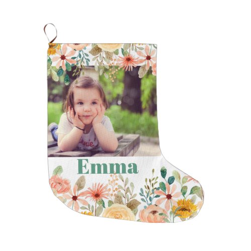 Floral Personalized Daughter Son Grandchild Photo Large Christmas Stocking