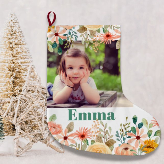 Floral Personalized Daughter Son Grandchild Photo Large Christmas Stocking (Floral Personalized Daughter Son Grandchild Photo Large Christmas Stocking)
