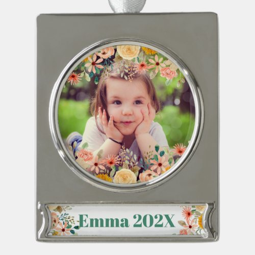 Floral Personalized Daughter Son Grandchild Photo Silver Plated Banner Ornament