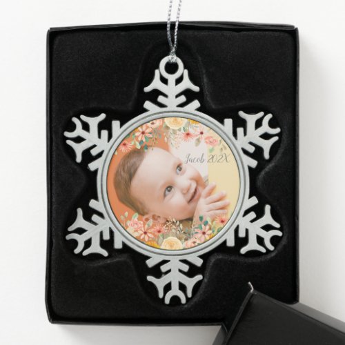 Floral Personalized Daughter Son Grandchild Photo Snowflake Pewter Christmas Ornament