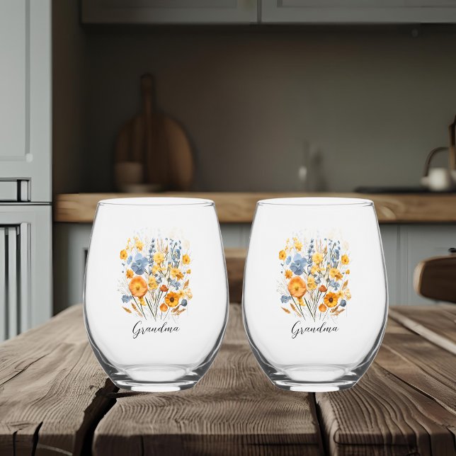 Floral Personalized Drinkware Set for Grandma Stemless Wine Glass (Creator Uploaded)