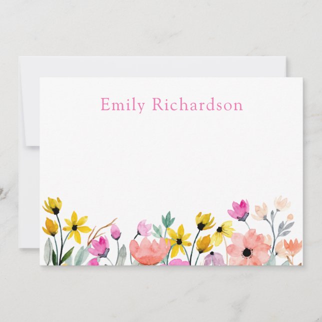 Floral Personalized Flat Note Card (Front)