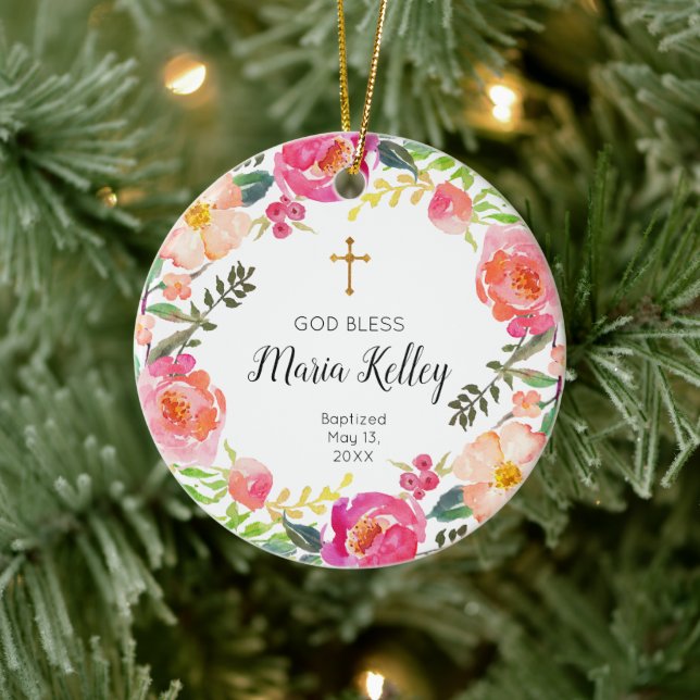 Floral Personalized Girl Baptism Ornament (Tree)