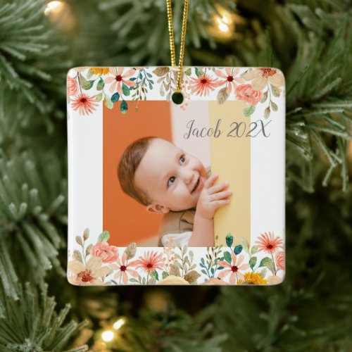 Floral Personalized Grandparents Grandchild Photo Ceramic Ornament