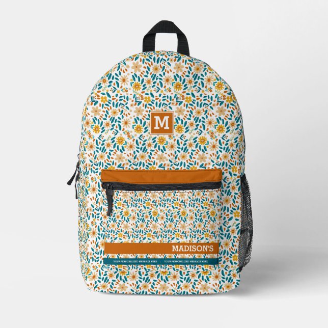  Floral Personalized Monogram & Name  Printed Backpack (Front)