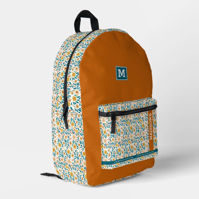  Floral Personalized Monogram & Name  Printed Backpack (Back Corner Left)