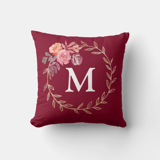 Floral Personalized Monogram Throw Pillow (Front)