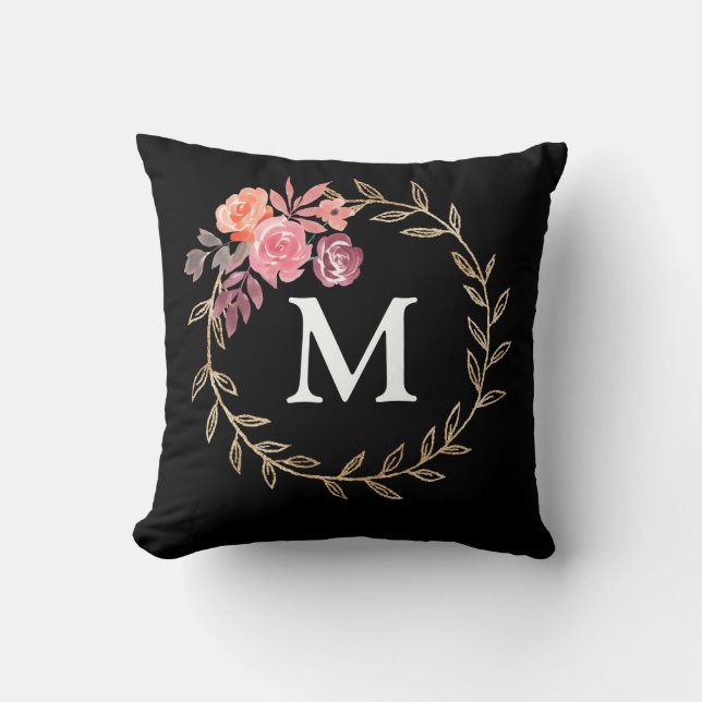 Floral Personalized Monogram Throw Pillow (Front)