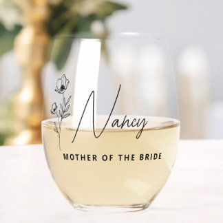 Floral Personalized Mother of the Bride Groom  Stemless Wine Glass