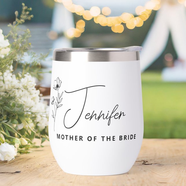 Floral Personalized Mother of the Bride Groom  Thermal Wine Tumbler (mother of the bride,wine tumbler with name,wildflower floral stemless wine glass,)