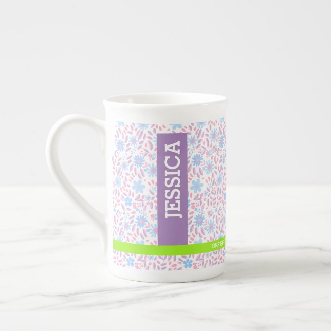 Floral Personalized Name & Monogram Bone China Mug (Left)