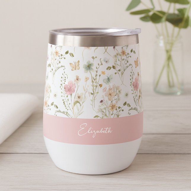 Floral Personalized Name Wildflower Thermal Wine Tumbler (Creator Uploaded)